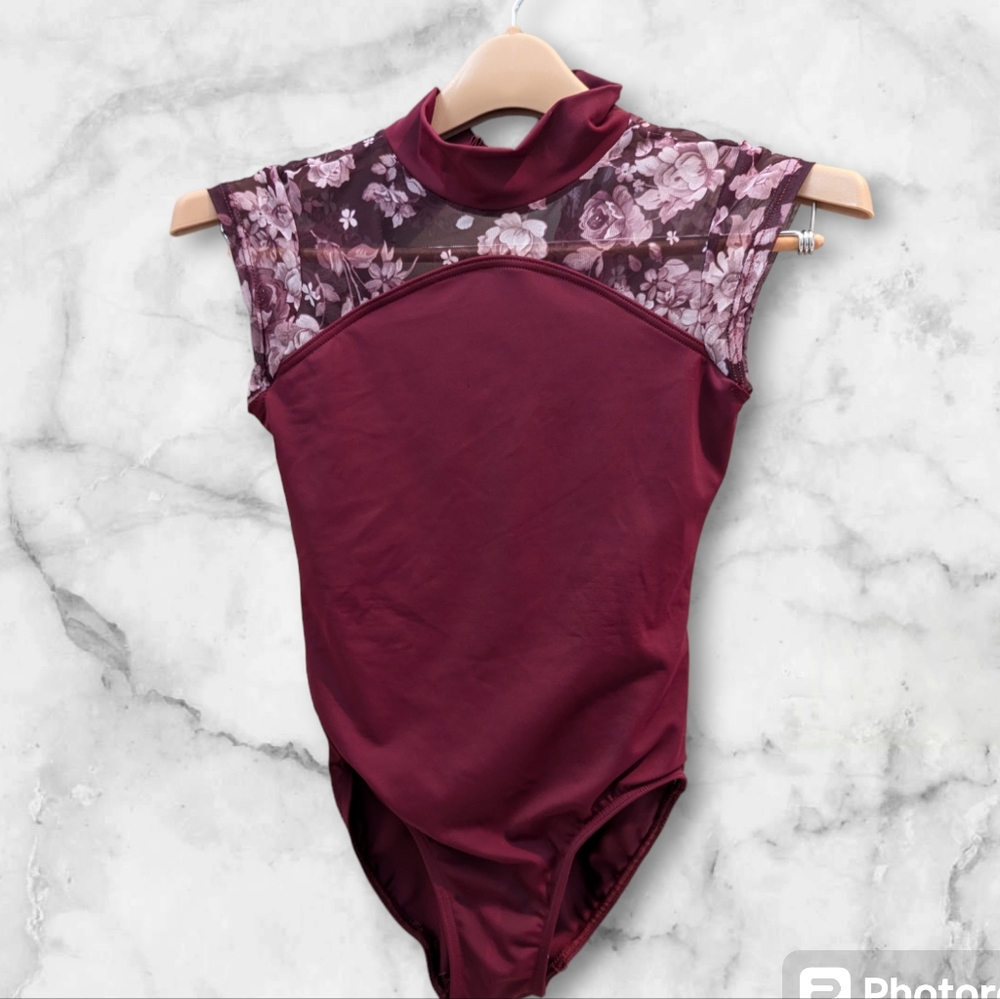 Balera Burgundy Red and White Floral Leotard